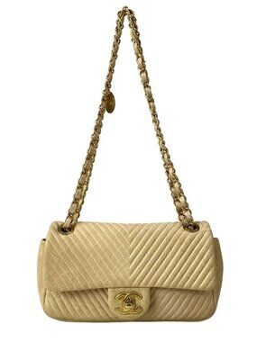 CHANEL V Stitch (Chevron) Beige Lambskin Shoulder Bag Gold hardware